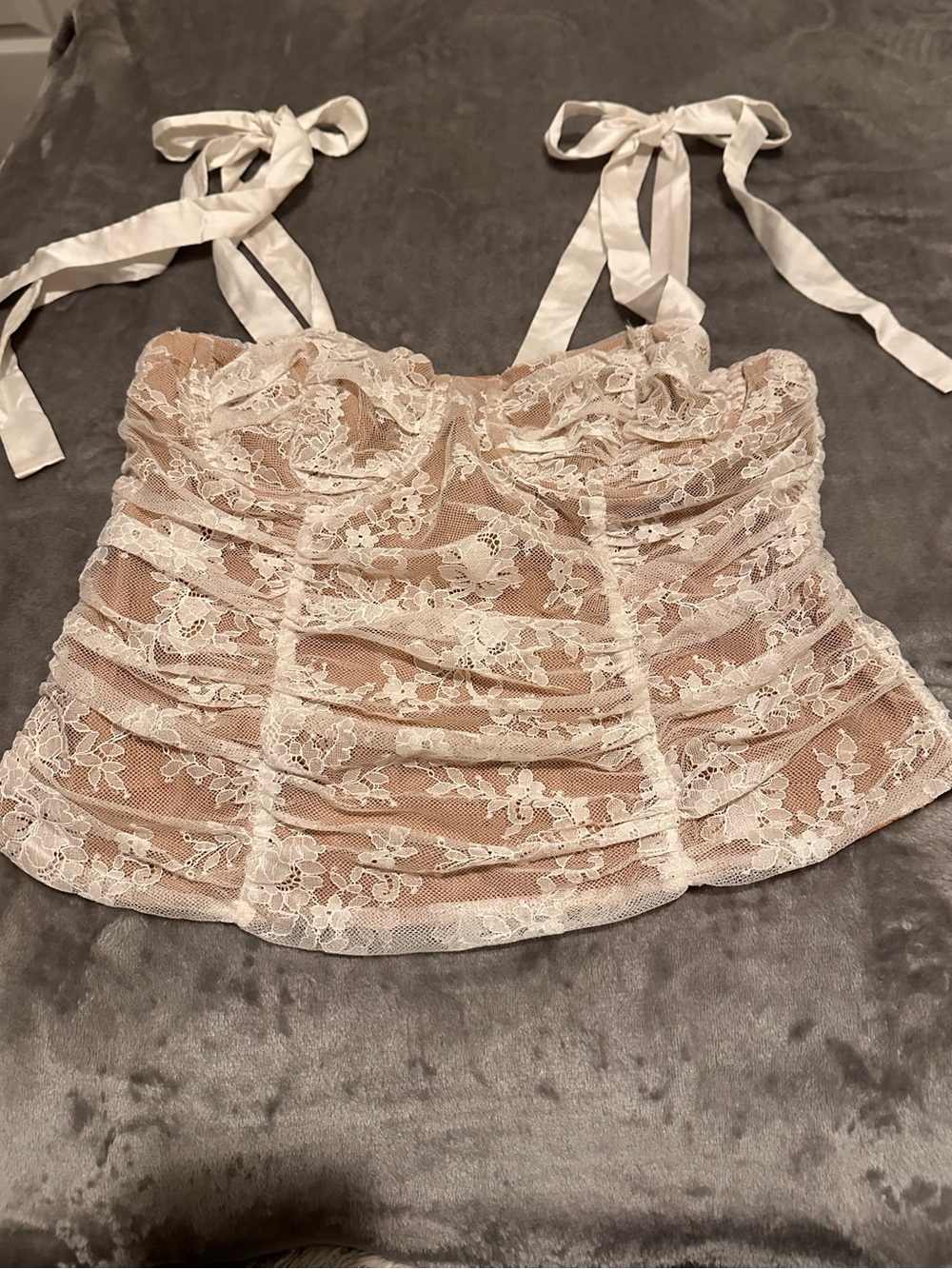 For Love & Lemons Dolly Bustier Top White  lace with tie-up shoulder straps Sz:L